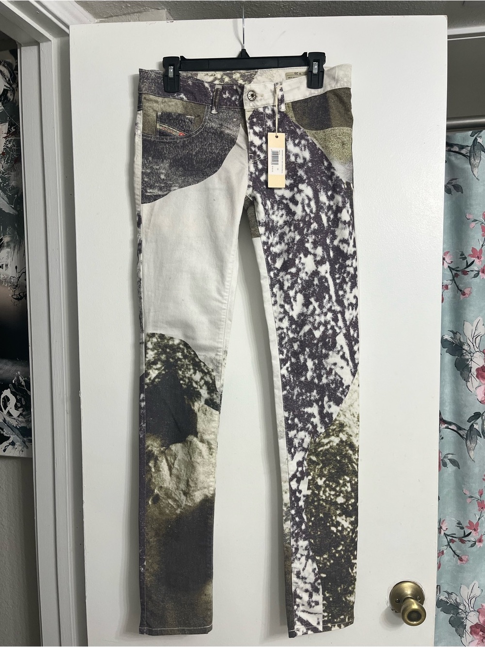 Diesel abstract Print Slim Jeans in Olive, Purple, Black & White